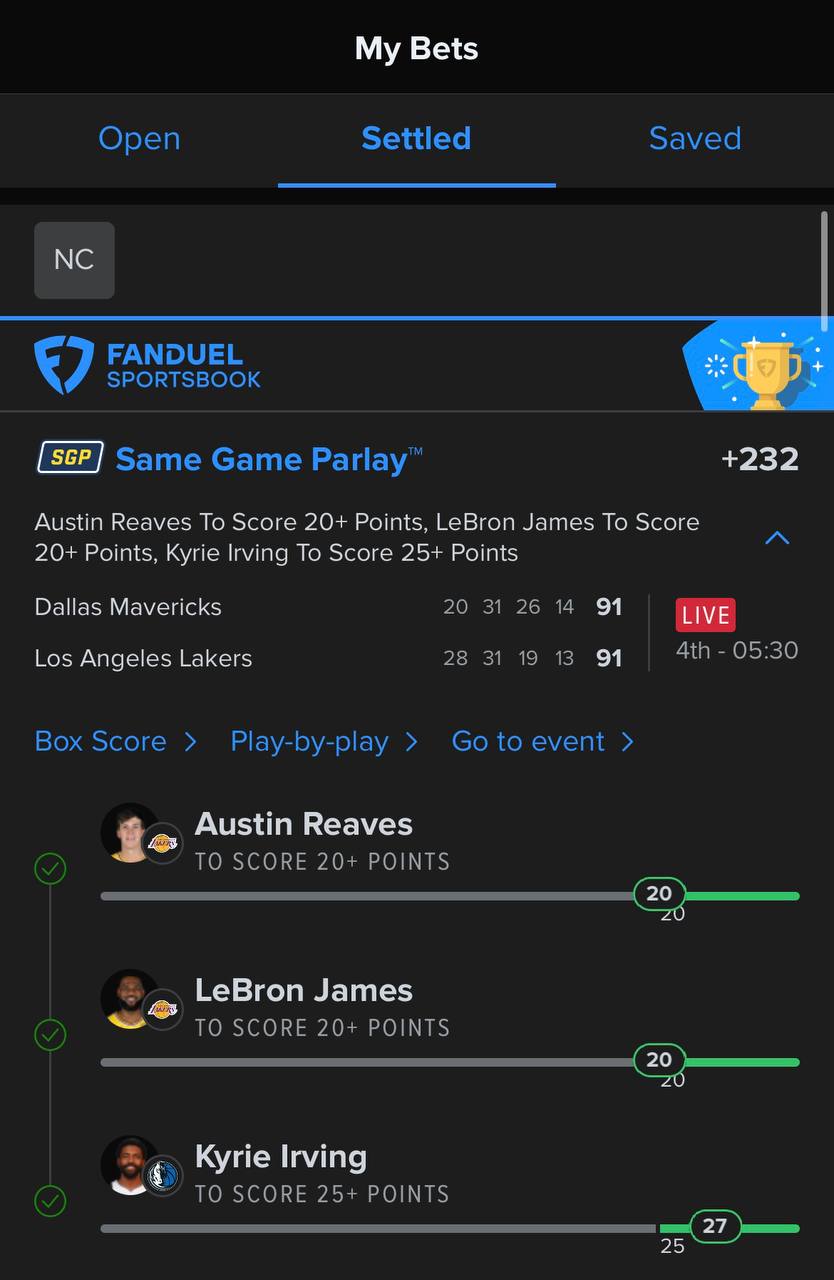 Settled NBA same-game parlay: LeBron, Reaves 20+ pts and Kyrie 25+ pts, won