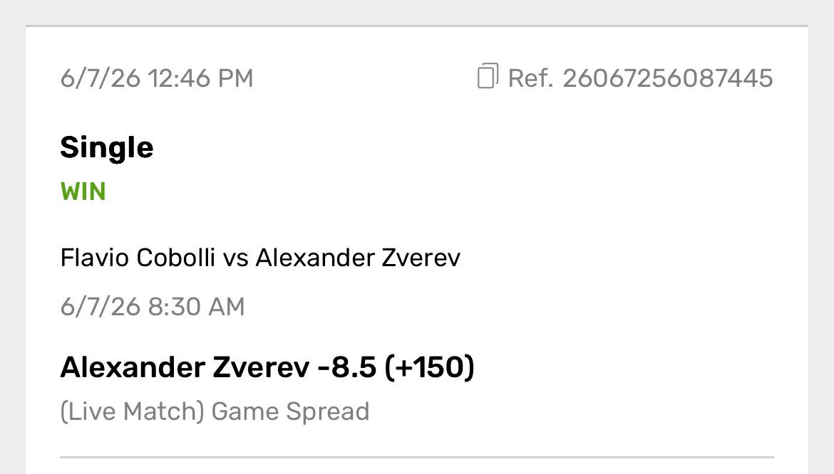 Settled tennis bet: Zverev -8.5 games at +150, won